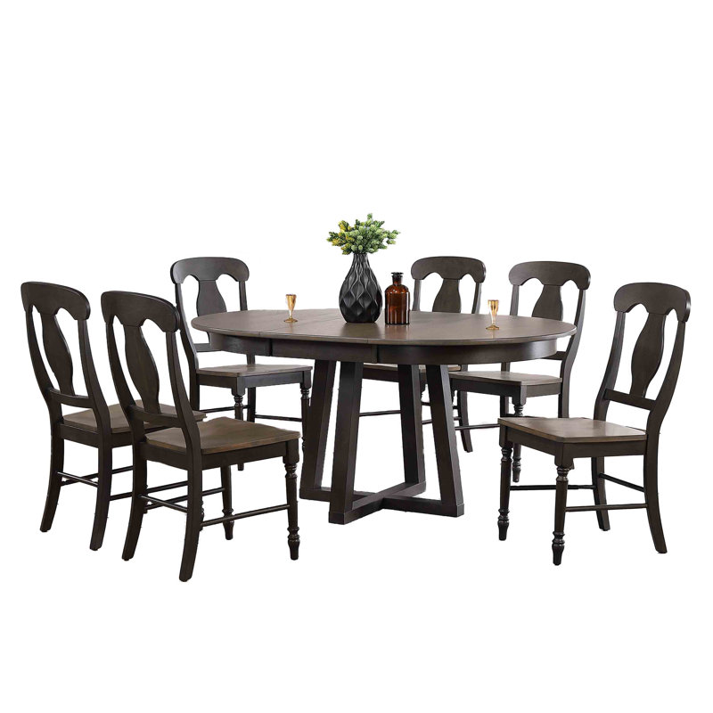 Ensemble de salle à manger à rallonge en bois massif Latrera, 7 pièces : 1 table, 6 chaises, Gris / noir, Gris / noir