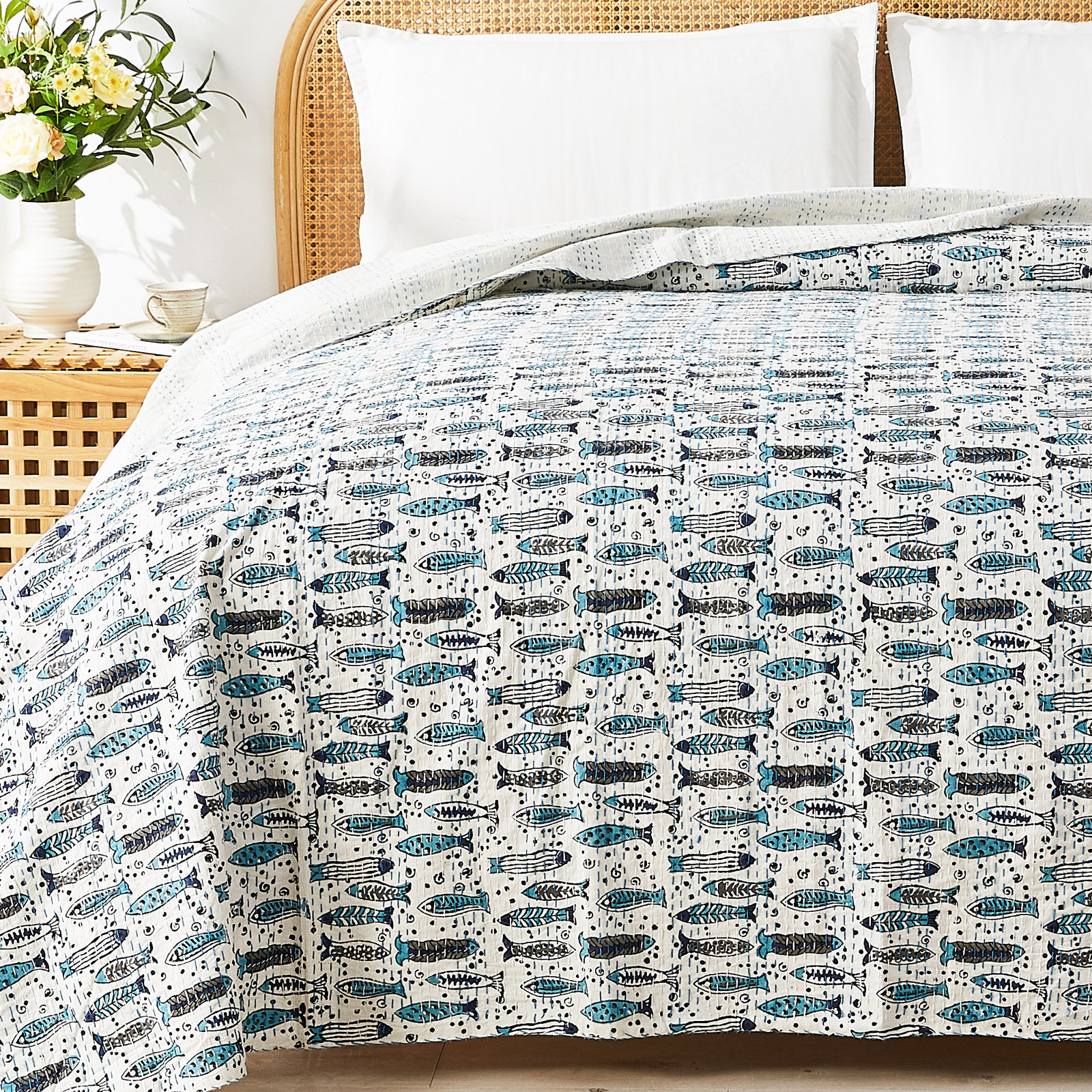 Handstitched Fish Print Kantha Coverlet, King
