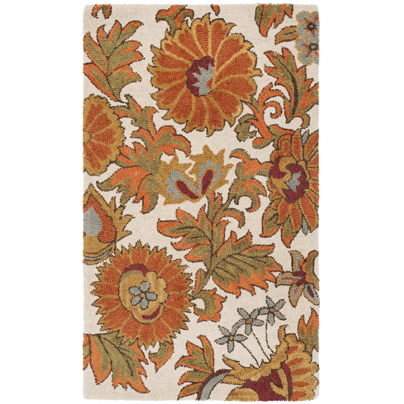 Emrick Blossom Hand Hooked Wool/Cotton/Latex Floral Rug in Ivory, Rectangle 3' x 5'
