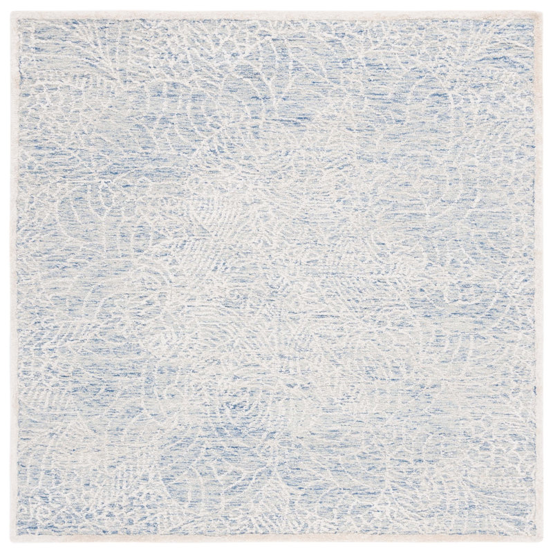 Gorete Hand Tufted Wool/Bamboo Silk/Cotton with Cotton Backing Floral Rug in Blue/Ivory, Square 6'