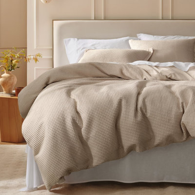 Housse de couette 100% coton kaki tissé gaufré pour lit simple, ensemble de literie respirante PureWoven pour toutes saisons (ensemble de 2)