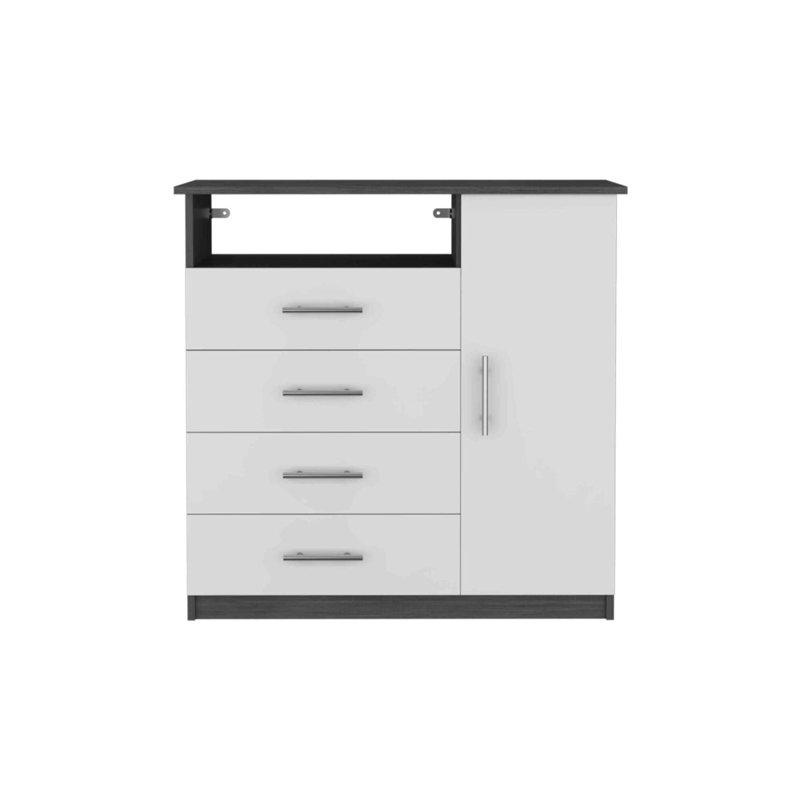 Commode 4 tiroirs, 1 porte ouverte, 1 tablette ouverte et plateau supérieur Pérou, Blanc / Gris