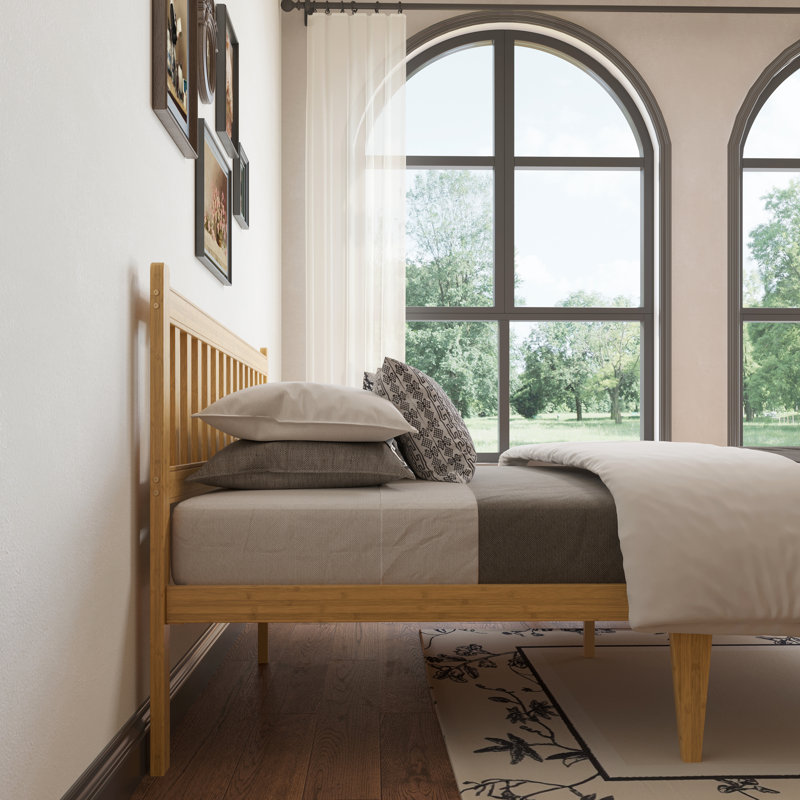 14"H Full Heavy-Duty Easy Assembly Solid Wood Bamboo Platform Bed Frame with Headboard，Metal Slats No Box Spring Need & No Squeak