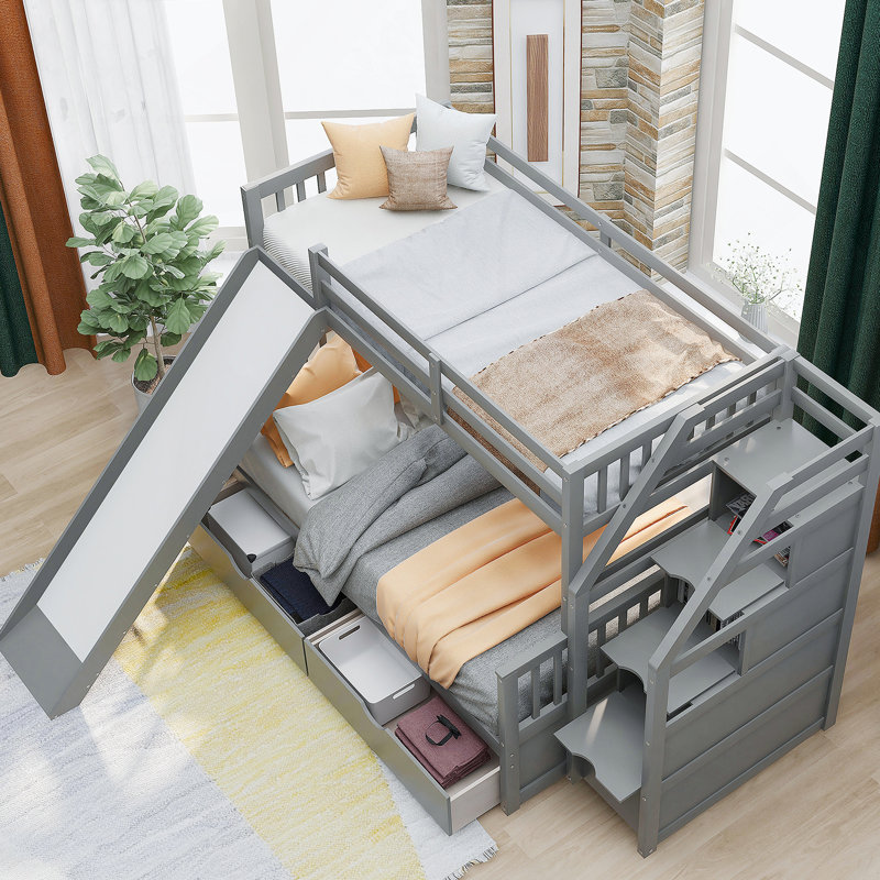Lit superposé au dessus d'un lit avec tiroirs, rangement et multifonction Slid Kufson, Gris