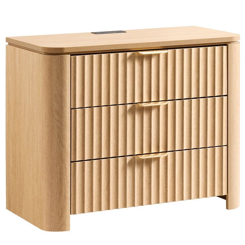 Table de chevet cannelée 3 tiroirs avec station de charge, chêne naturel, 1 pièce, Chêne naturel