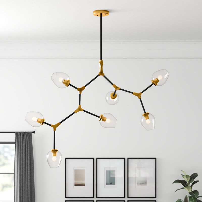 Lustre linéaire moderne Spoutnik à 7 lumières Spinks, Laiton antique clair / noir mat, 9 lumières, 79"