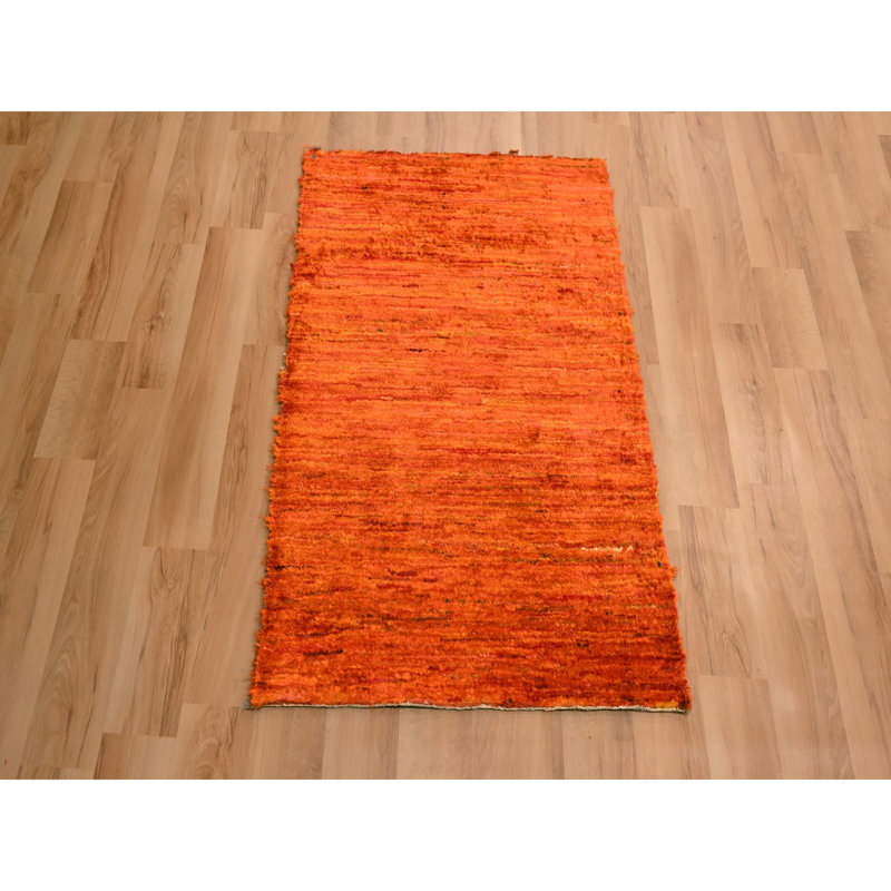 2'x3' Tangelo Orange, Plain Solid Design, Hand Knotted, Sample, Strike Off, Pure Sari Silk, Mat, Oriental Rug