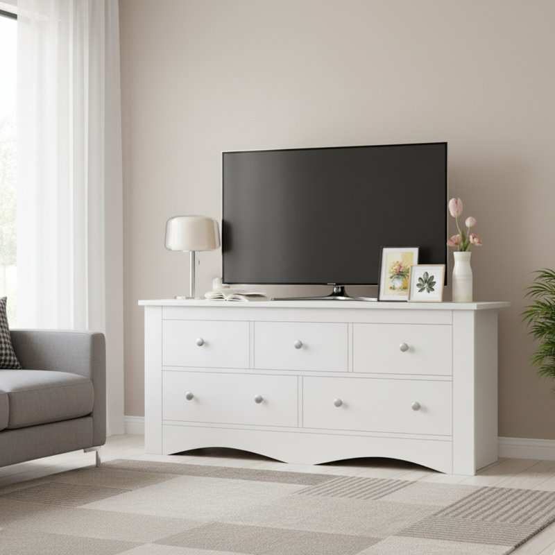 5-Drawer Wooden Dresser With Chest Storage, Bedroom Dresser & Tv Stand For Tvs Up To 65'', White