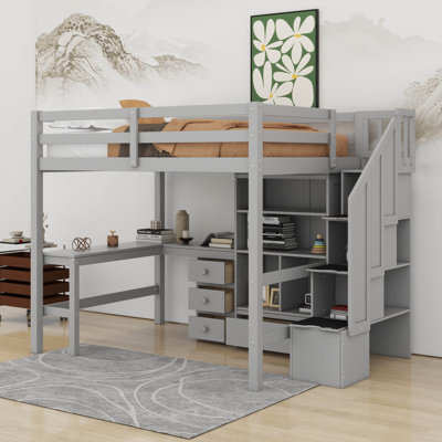 Lit mezzanine double avec bureau en L, armoire, tiroirs et escalier de rangement