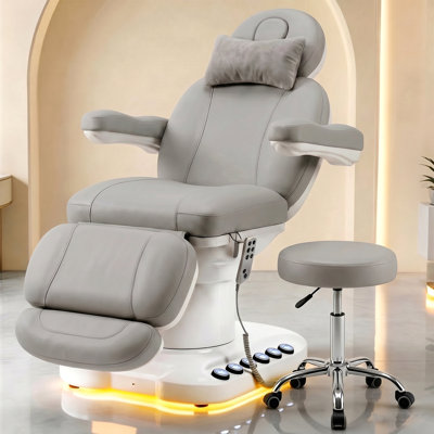 3-Motor Electric Massage Table with Stool, Adjustable Height and Backrest, Built-in Charging Station and LED Light, for Spa, Facial and Salon Use