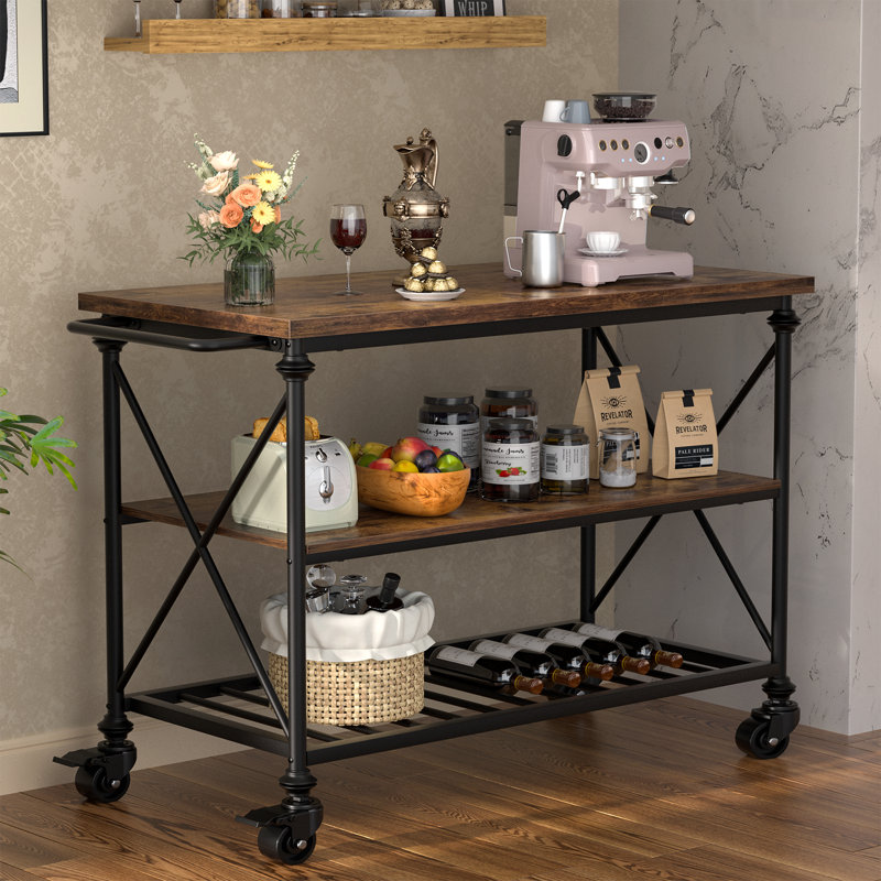 3-Tier Kitchen Table With Wheels And Storage Shelves, Brown