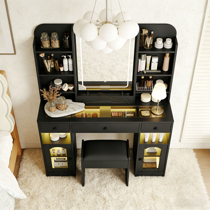 43.2" Vanity Desk with LED Mirror and Lights Storage Shelves and Stool for Bedroom, Black