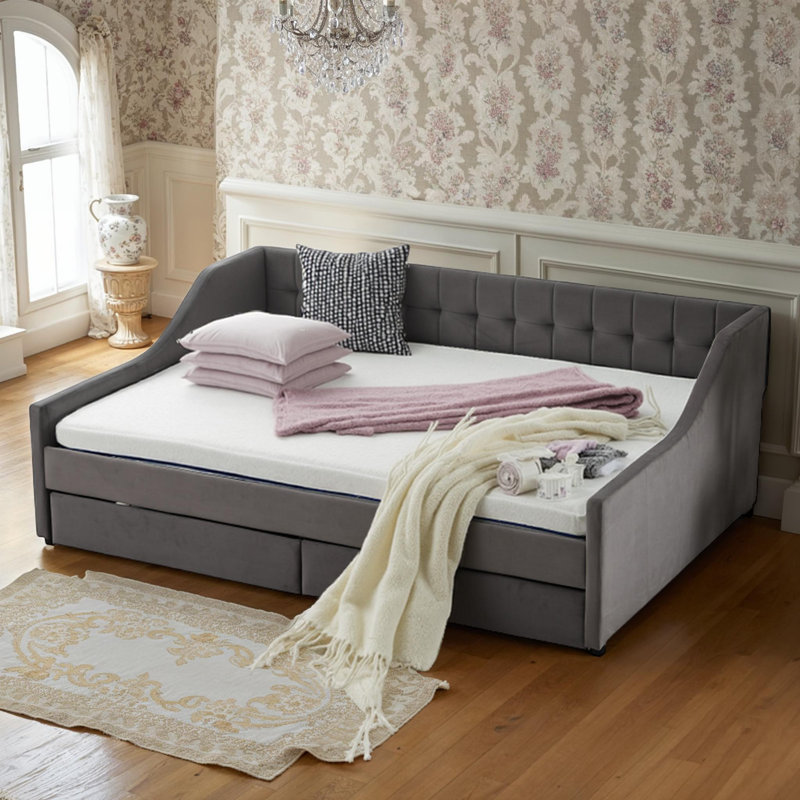 Lit de jour en coton Dreamy avec 2 tiroirs et lattes de bois, taille simple, Gris