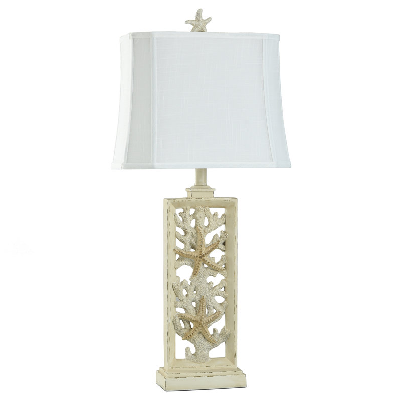 Lampe de table South Cove Coastal Cast - Finition crème patinée - Abat-jour en tissu blanc