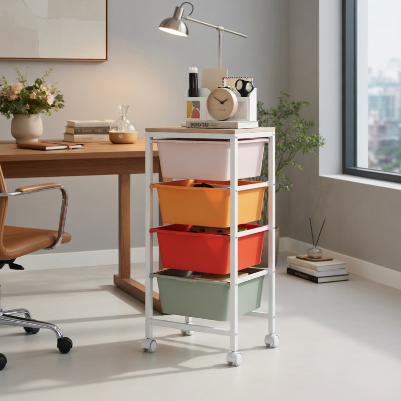 4-Drawer Rolling Storage Cart with Wooden Top, Lockable Casters & Smooth-Glide Drawers, for Office, Craft Room or Salon
