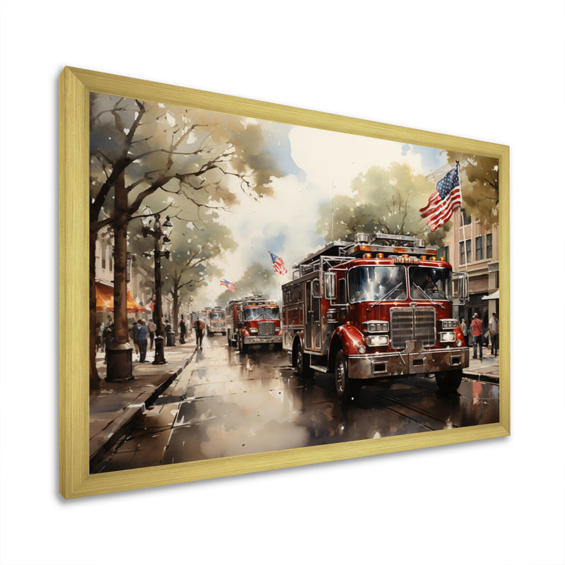 Fire Truck II - Fireman Canvas Wall Art, 34" H x 44" W x 1.5" D, Gold Single Picture Framed
