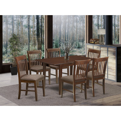 Ensemble de mobilier de salle à manger 7 pièces composé d'une table rectangulaire en bois avec feuille papillon et 6 chaises en tissu de lin, acajou