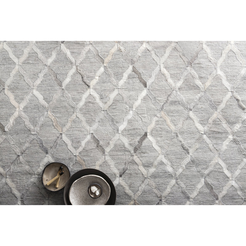 Tapis géométrique en cuir / laine gris Stafford, Rectangle 7 pi 9 po x 9 pi 9 po