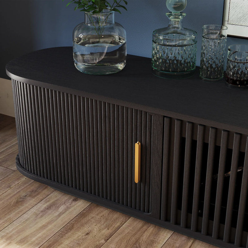 Mid-Century Modern Tambour Door TV Stand, Fully-Assembled, Black, 16.54"H x 70.87"L x 15.75"W