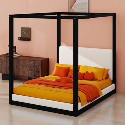 Classic Platform Bed with Canopy, Premium Upholstered Headboard