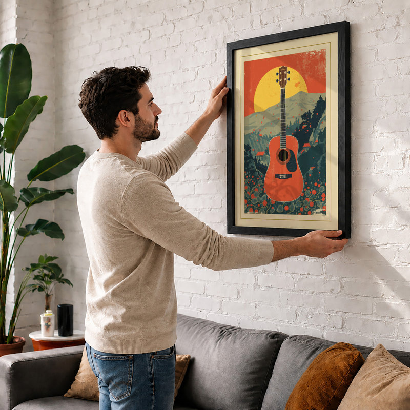 Guitar and Sun Retro - Framed Print, Oak, A4 - 29.7 x 21.0 cm