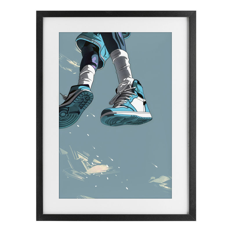Saut sportif avec espadrilles, reproduction encadrée sous verre, design par Ray Powers, H 23 po x l 17 po, Cadre noir minuit