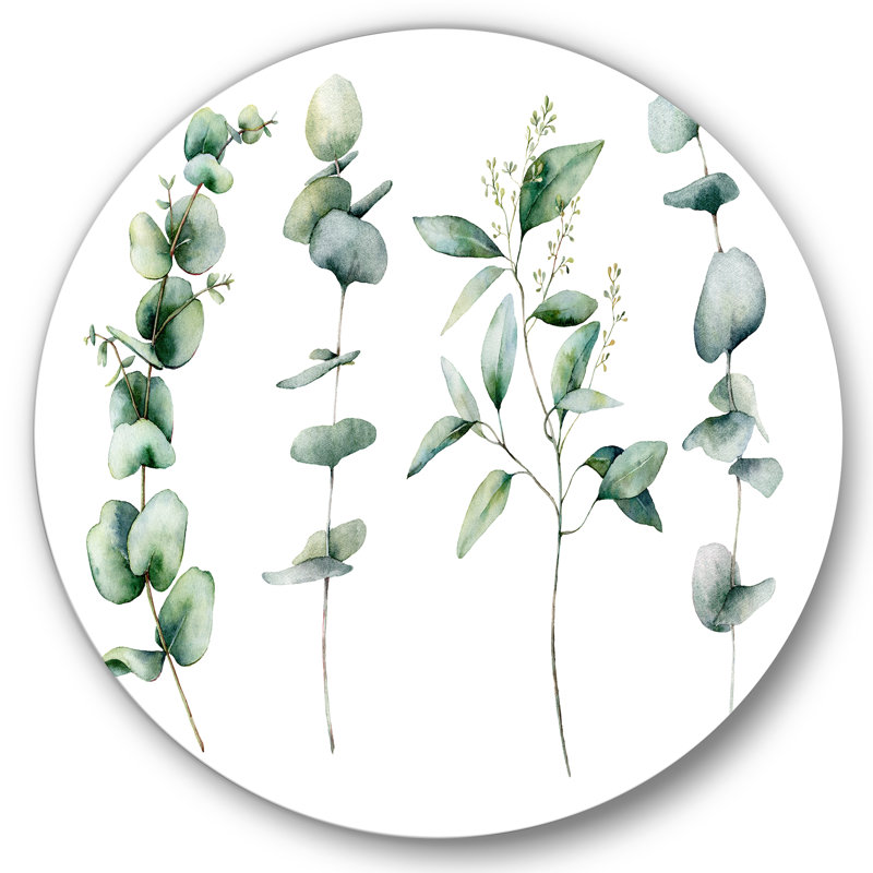 Green Eucalyptus Branches I - Art mural traditionnel en cercle en métal, H 29 po x l 29 po x P 1 po