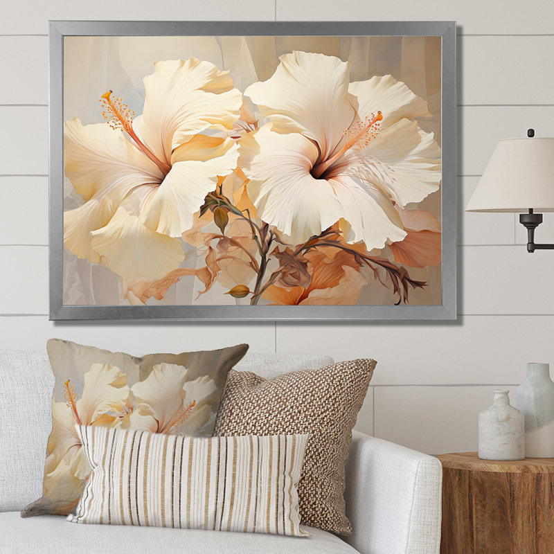 Hibiscus beige II, reproduction d'art sur toile, Cadre simple argenté, H 12 po x l 20 po x P 1 po