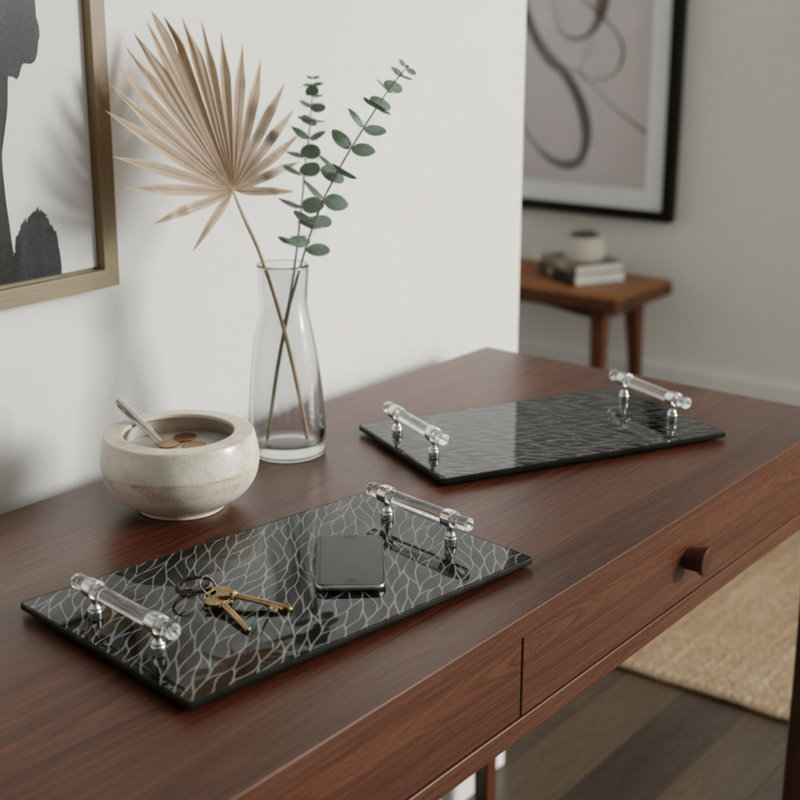 Élégant plateau décoratif à motifs étincelants pour organiser les essentiels - Plateau de repose-pieds ou de table basse chic avec poignées - Plateau décoratif de table de salle à manger parfaite - ensemble de 2, 16 po