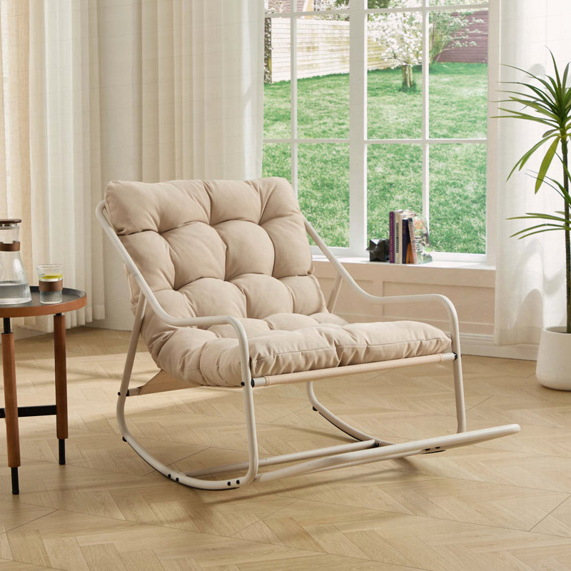 Chaise berçante d'extérieur avec coussin épais et confortable, Beige, Blanc