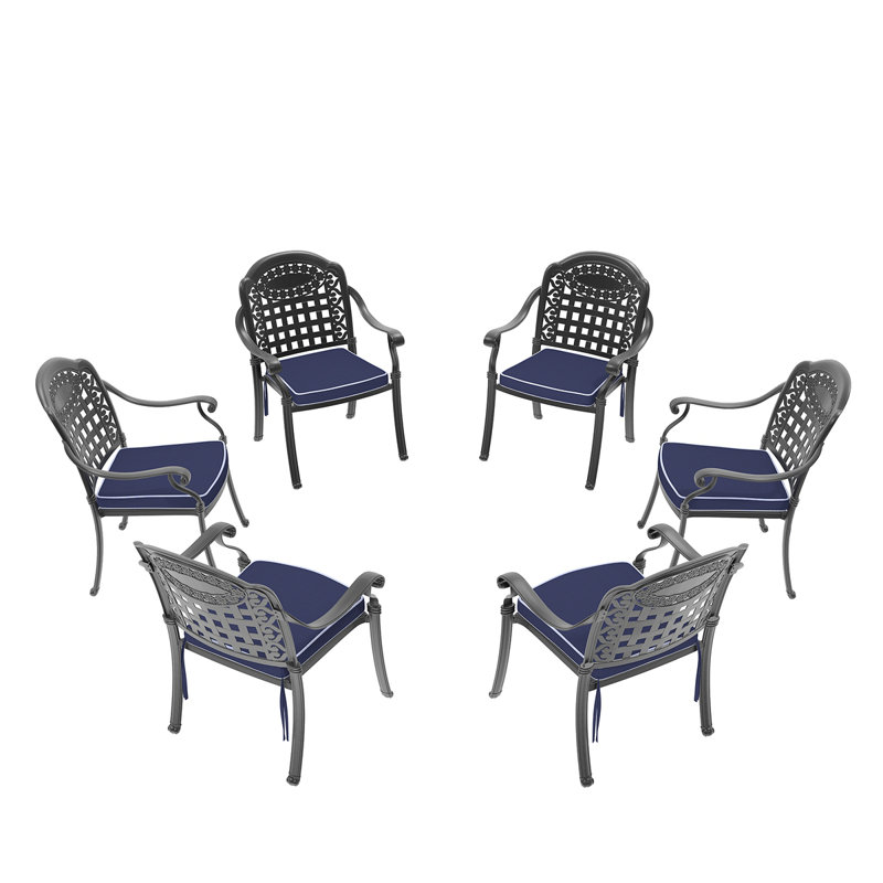 Chaise de patio en fonte d'aluminium 6 pièces avec cadre noir et coussins bleus (Identique à: W1710S00511)