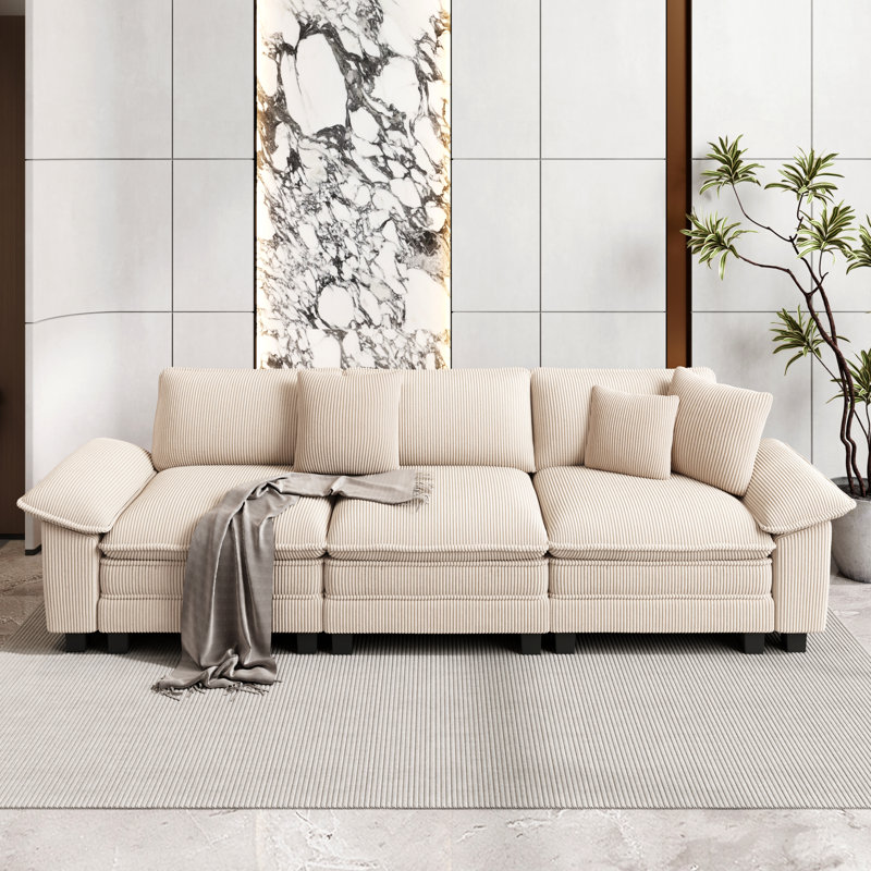 Chenille Sofa & Chaise, 3, Beige Corduroy