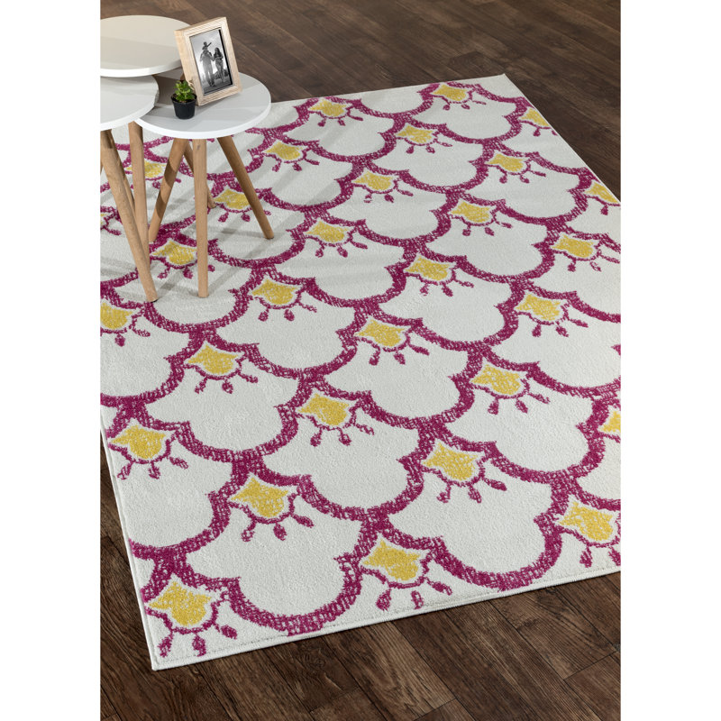 Rose géométrique/crème/jaune Tapis décoratif, Rectangle 5 pi x 7 pi