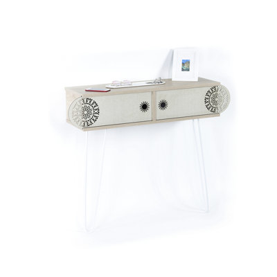 Table console à 2 niveaux avec pattes en métal, bois de chêne brut, 42,02 po P x 33,18 po L x 10,96 po H, pieds inclus.