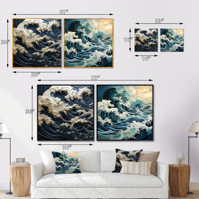 Abstrait bleu et blanc, tempête océanique - ensemble de 2 collages carrés côtiers, Cadre flottant blanc, H 16 po x l 33 po