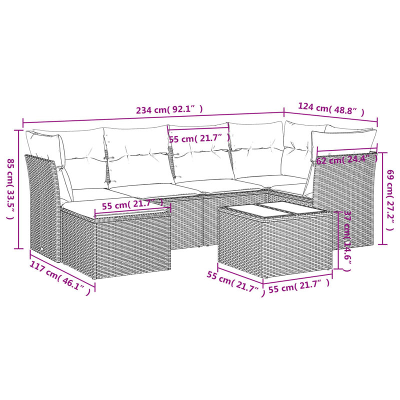 Ensemble de canapé de patio 7 pièces avec coussins en rotin de polyester, Rouge, Brun
