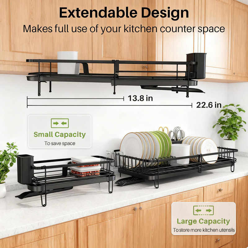 Égouttoir à vaisselle pour comptoir de cuisine avec ustensiles et porte-gobelet, égouttoir à vaisselle réglable en métal avec drainage automatique