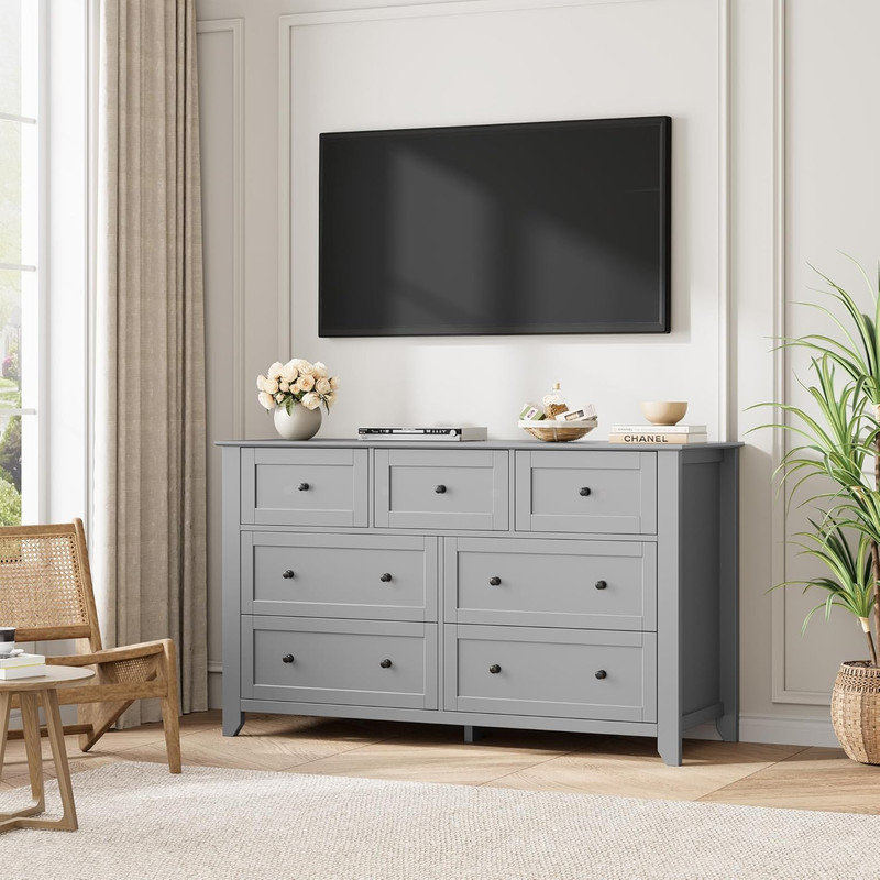 54" Wide 7-Drawer Dresser with Lacquer Finish & Metal Knobs, Modern Wood Chest for Bedroom, Entryway, Hallway, Gray
