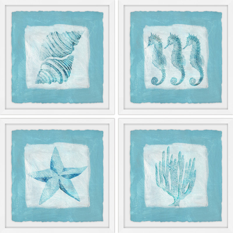 «Sea Life Blue II Quadritych», ensemble de 4 reproductions d'art encadrées, H 18 po x l 18 po x L 1,5 po