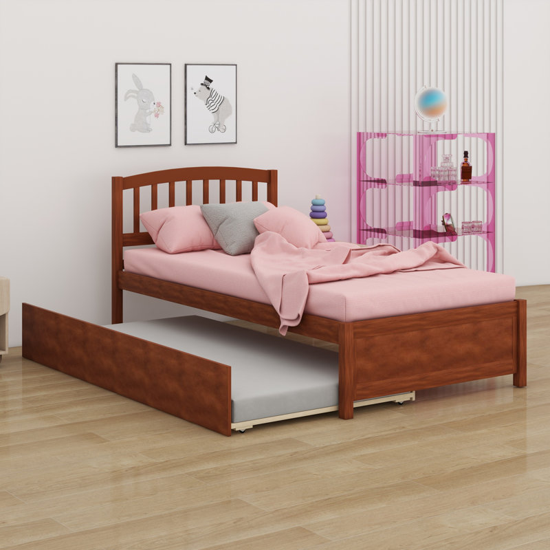 Platform Bed Wood Bed Frame With Trundle, Walnut