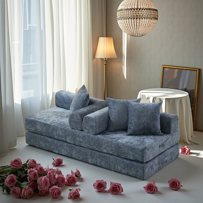 Canapé-lit pliant convertible bleu en chenille avec accoudoirs pour le salon, la chambre à coucher, le salon et le studio