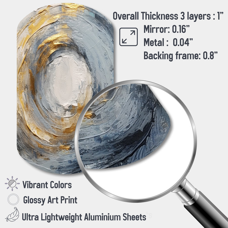 «Gold and Blue Vibrant Spirals IV - Abstract Spirals», art mural asymétrique en métal, impression sur cylindre moderne