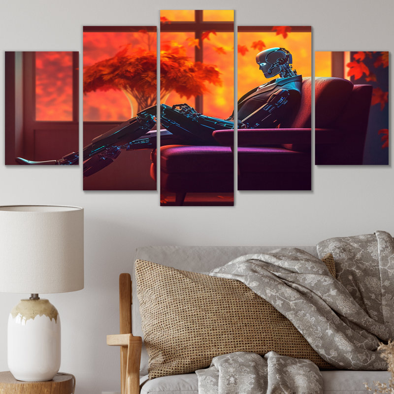 Stylish Humanoid Android Sitting On Couch I - Robot Canvas Art Print - 5 Panels