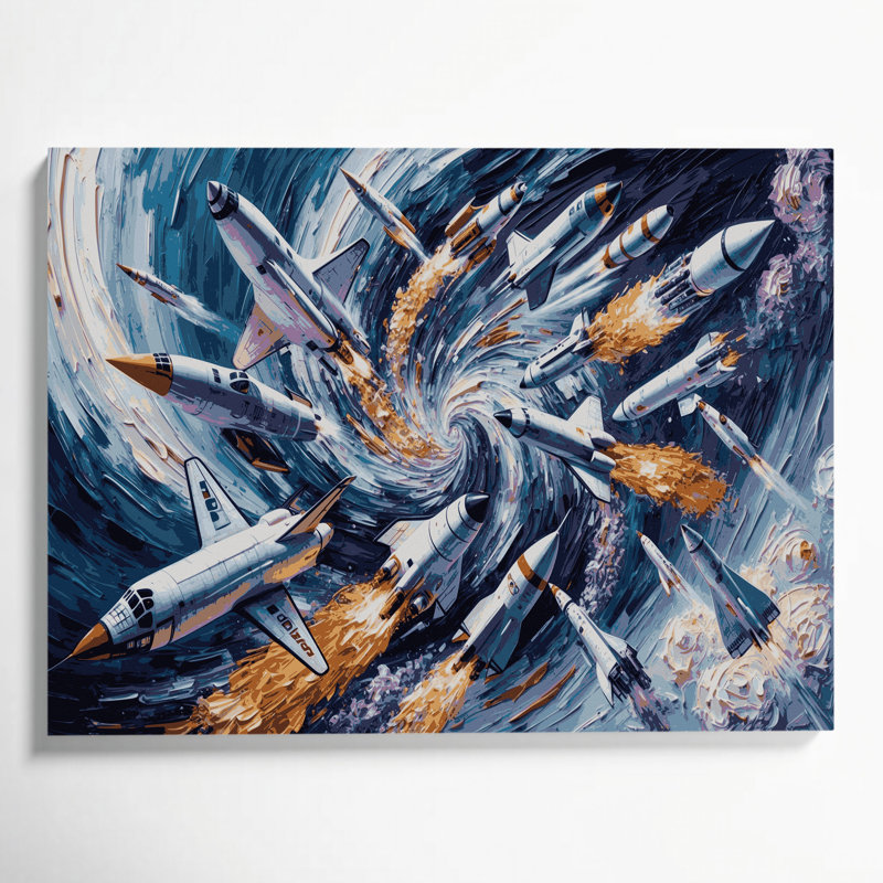 "Transport", navettes spatiales et fusées, art mural sur toile grise, 11" H x 14" W