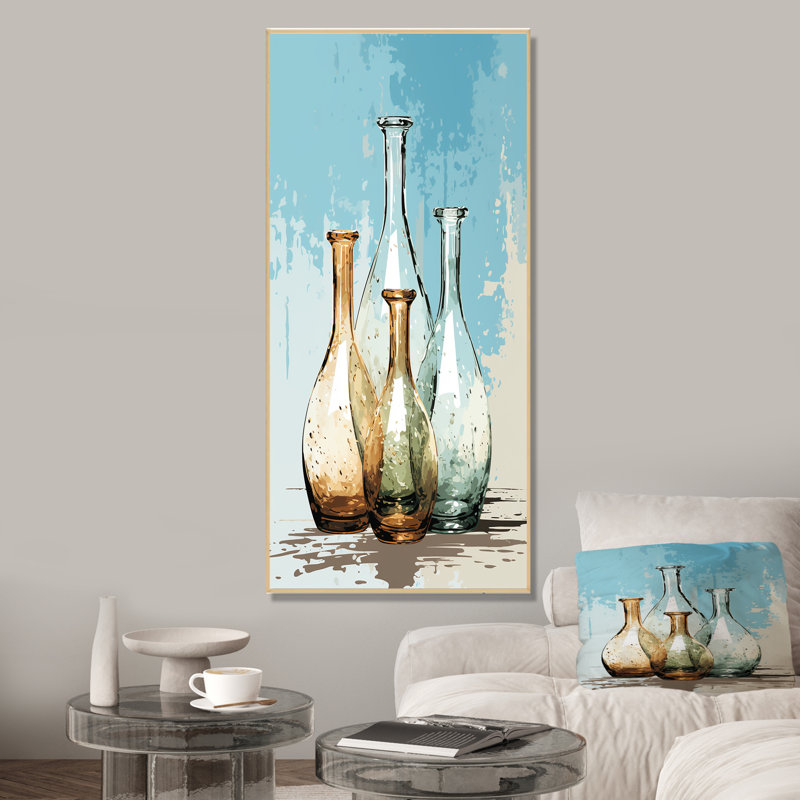 Art contemporain bleu poterie II - Boho, Cadre flottant brun, H 60 po x l 28 po x P 1,5 po