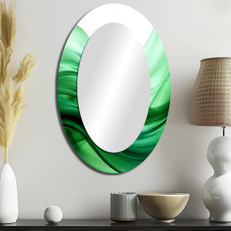 Green And White Fractal Waves III - Abstract Oval Decorative Mirror On Metal, 36" x 24"