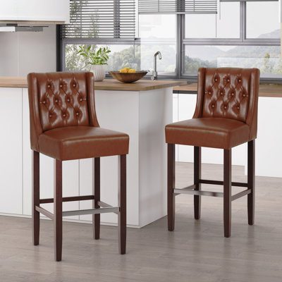 Tabouret de bar d'une hauteur de 30,5 po, revêtement en polyuréthane brun clair avec dossier et repose-pieds en métal, tabouret de comptoir pour îlot de cuisine