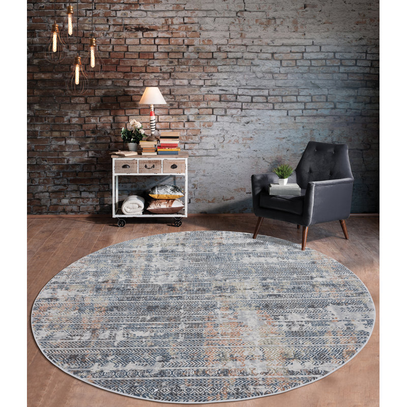 Tapis abstrait bleu / brun, Rond 7 pi 10 po