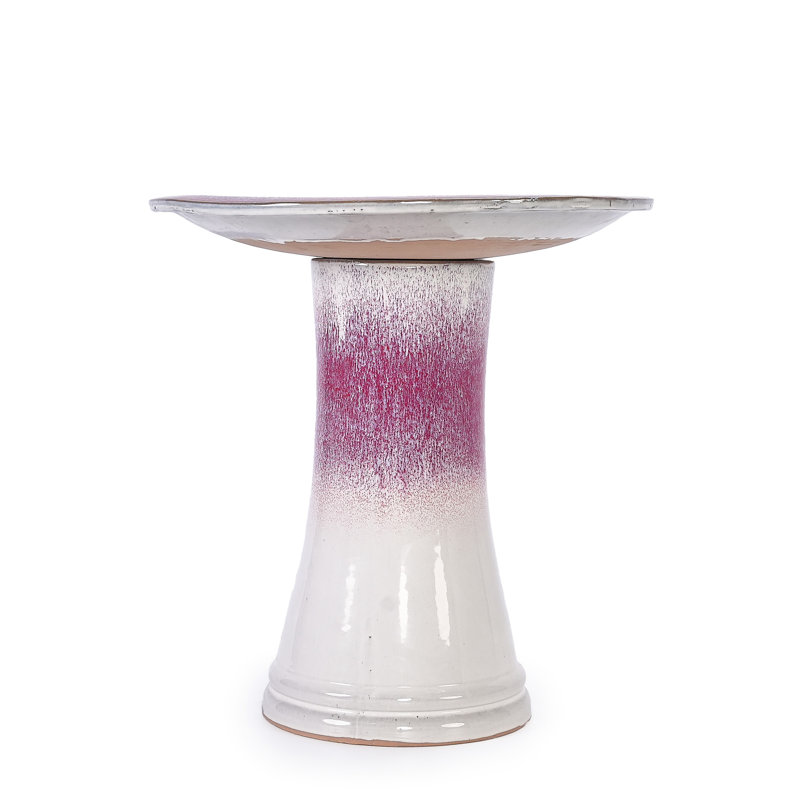 Bain d'oiseaux de jardin, céramique, finition ombrée rose, design rayé élégant et fonctionnel pour patio, chaleur givrée