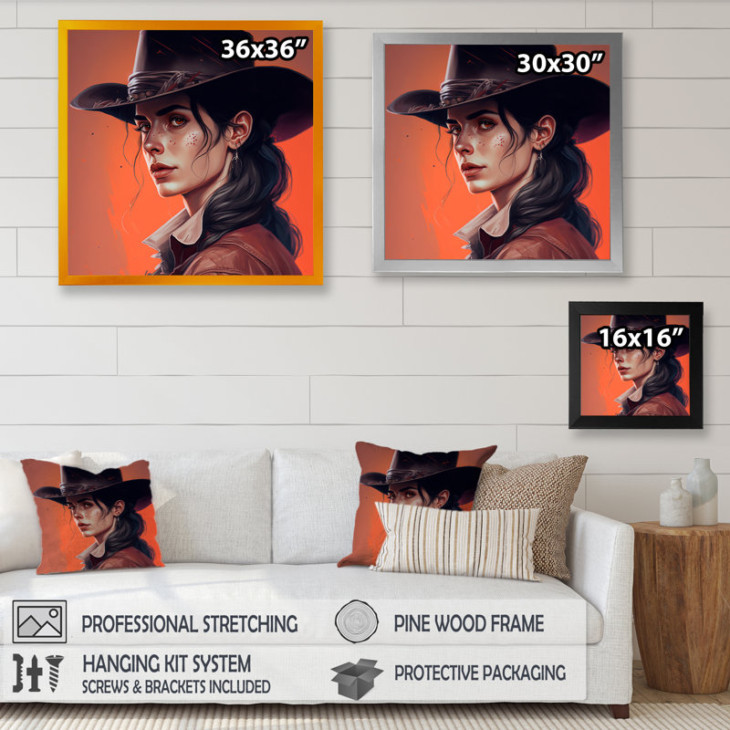 Western Cow Girl II - impression sur toile, H 16 po x l 16 po x P 1 po, Impression noire sur toile encadrée